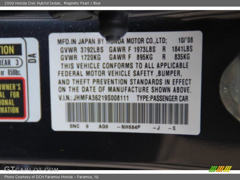 2009 Civic Hybrid Sedan Magnetic Pearl Color Code NH684P