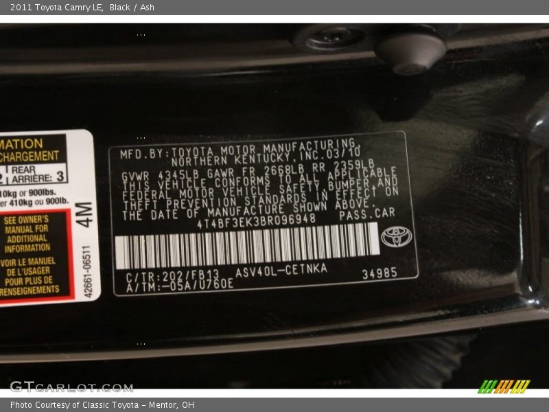 Black / Ash 2011 Toyota Camry LE