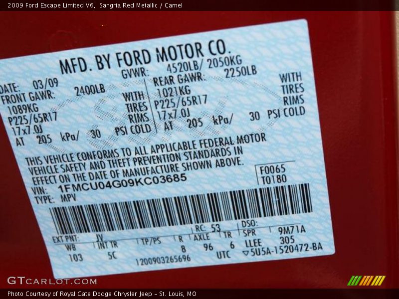 2009 Escape Limited V6 Sangria Red Metallic Color Code JV