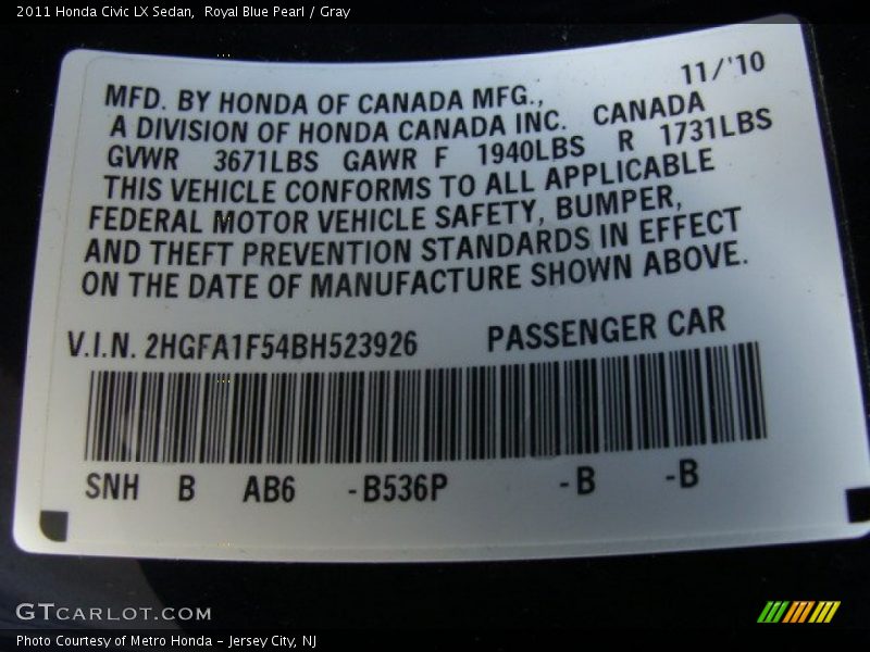 Royal Blue Pearl / Gray 2011 Honda Civic LX Sedan