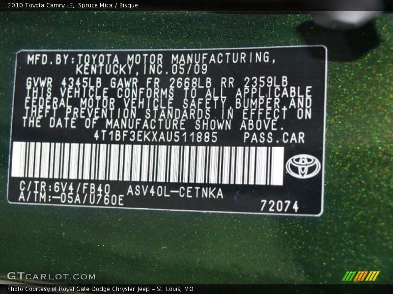 2010 Camry LE Spruce Mica Color Code 6V4
