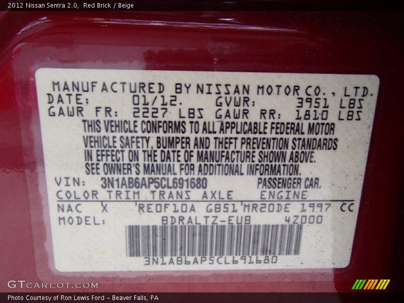 2012 Sentra 2.0 Red Brick Color Code NAC