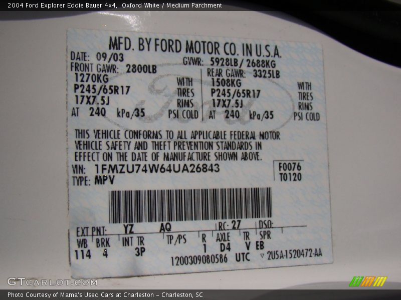 Oxford White / Medium Parchment 2004 Ford Explorer Eddie Bauer 4x4