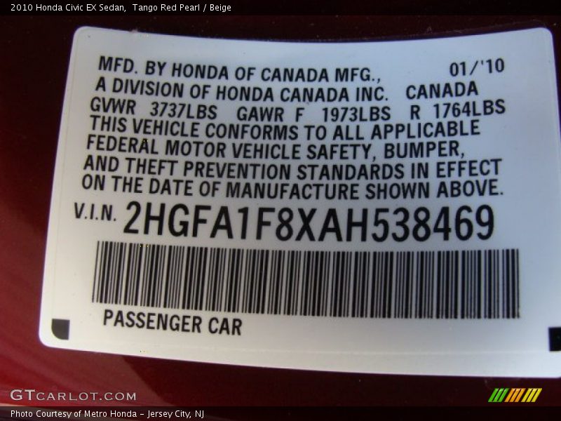 Tango Red Pearl / Beige 2010 Honda Civic EX Sedan