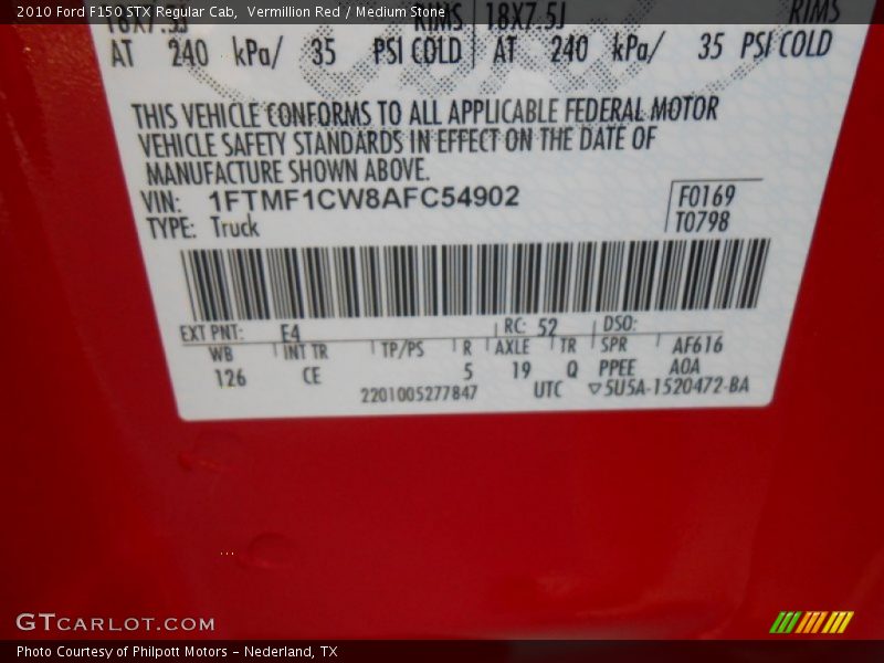 Vermillion Red / Medium Stone 2010 Ford F150 STX Regular Cab