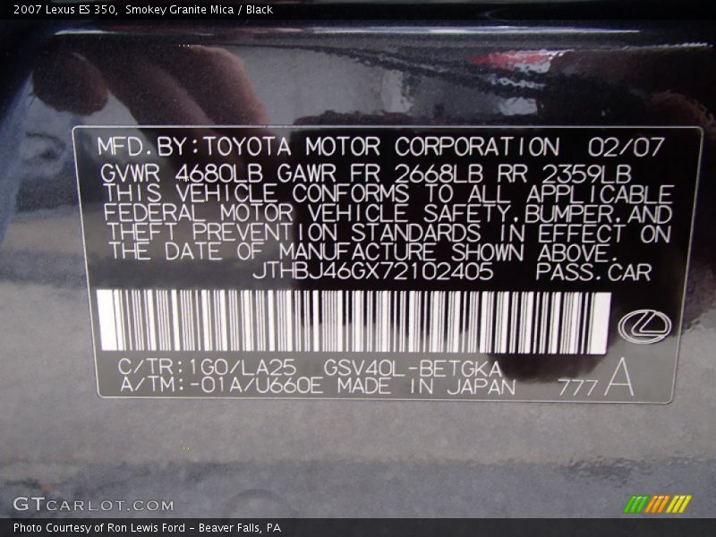 Smokey Granite Mica / Black 2007 Lexus ES 350