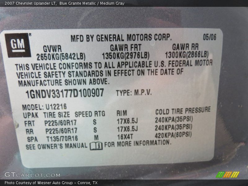 Blue Granite Metallic / Medium Gray 2007 Chevrolet Uplander LT