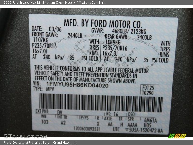 2006 Escape Hybrid Titanium Green Metallic Color Code DV