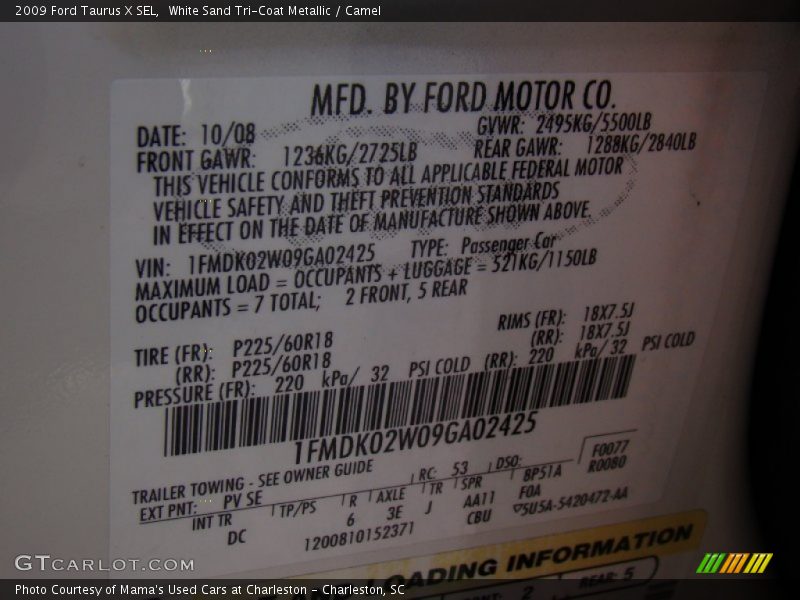 White Sand Tri-Coat Metallic / Camel 2009 Ford Taurus X SEL