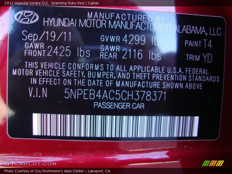 Sparkling Ruby Red / Camel 2012 Hyundai Sonata GLS
