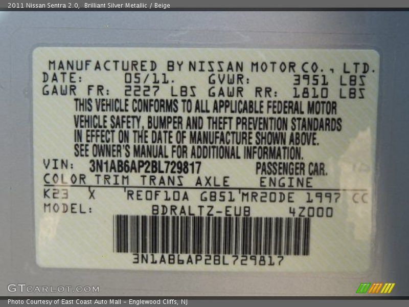 Brilliant Silver Metallic / Beige 2011 Nissan Sentra 2.0
