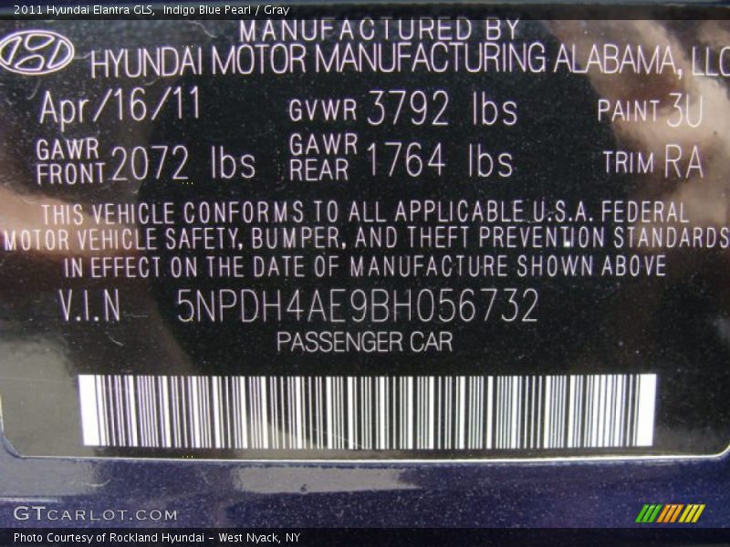 Indigo Blue Pearl / Gray 2011 Hyundai Elantra GLS