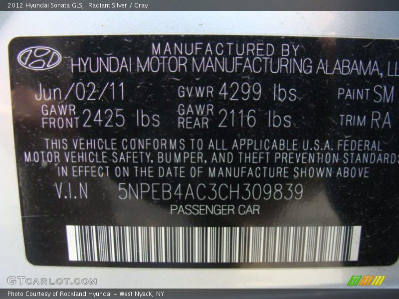 Radiant Silver / Gray 2012 Hyundai Sonata GLS
