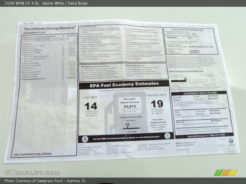  2008 X5 4.8i Window Sticker
