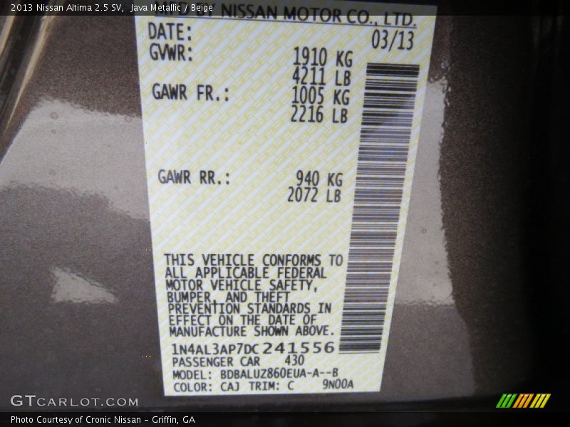 Java Metallic / Beige 2013 Nissan Altima 2.5 SV