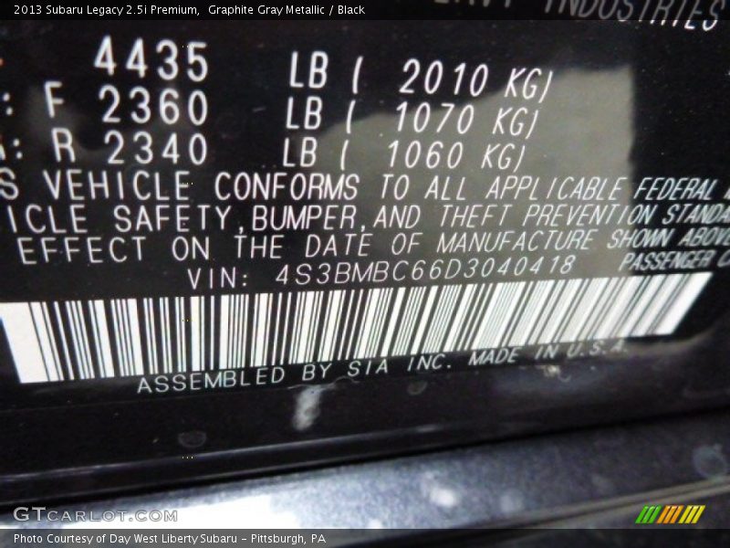 Graphite Gray Metallic / Black 2013 Subaru Legacy 2.5i Premium