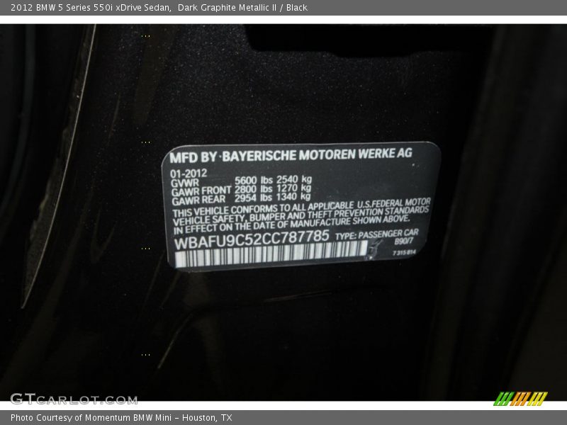 2012 5 Series 550i xDrive Sedan Dark Graphite Metallic II Color Code B90
