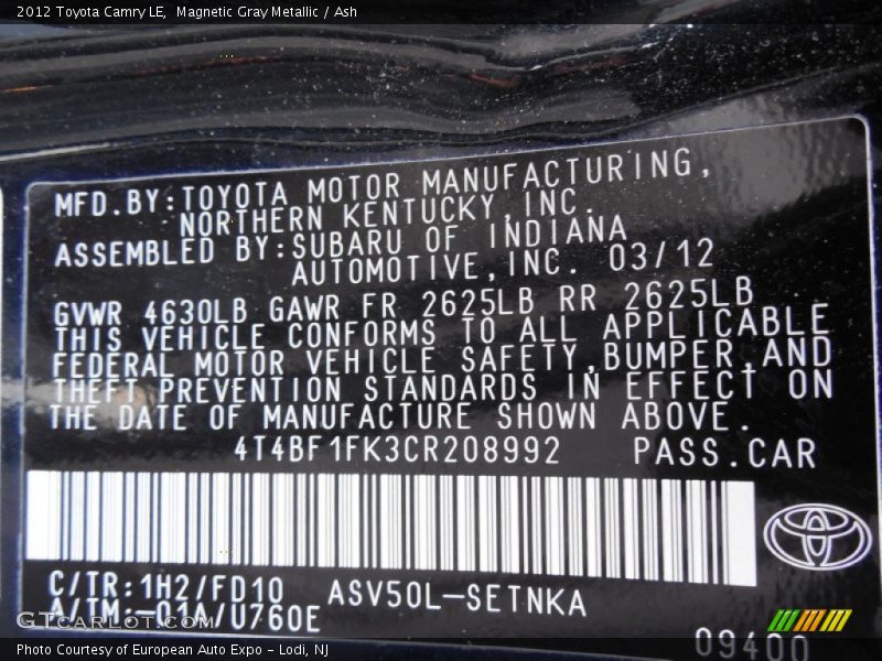 Magnetic Gray Metallic / Ash 2012 Toyota Camry LE