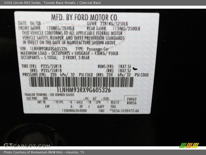 2009 MKS Sedan Tuxedo Black Metallic Color Code UH
