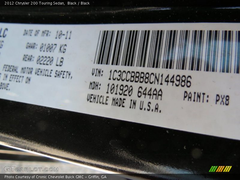 Black / Black 2012 Chrysler 200 Touring Sedan