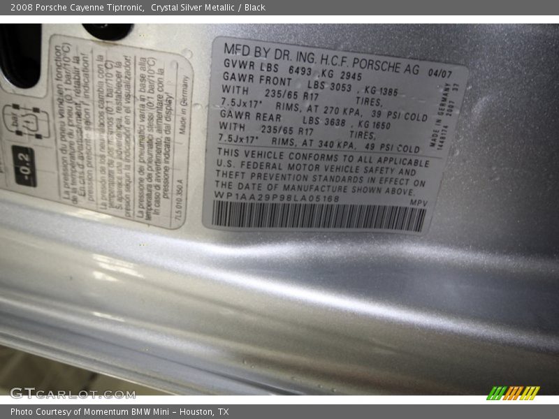 Info Tag of 2008 Cayenne Tiptronic