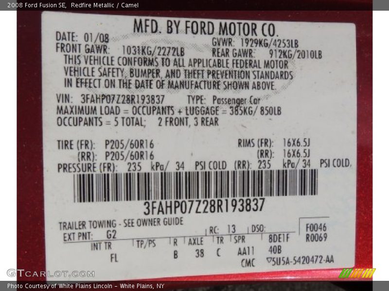 2008 Fusion SE Redfire Metallic Color Code G2