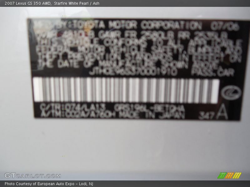 2007 GS 350 AWD Starfire White Pearl Color Code 074