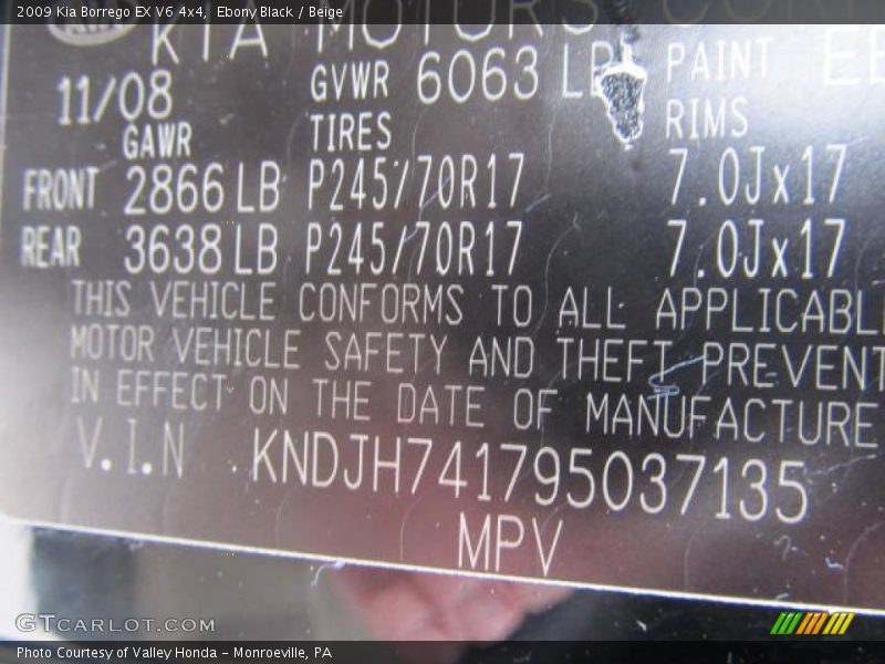 Ebony Black / Beige 2009 Kia Borrego EX V6 4x4