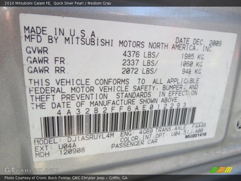 Quick Silver Pearl / Medium Gray 2010 Mitsubishi Galant FE