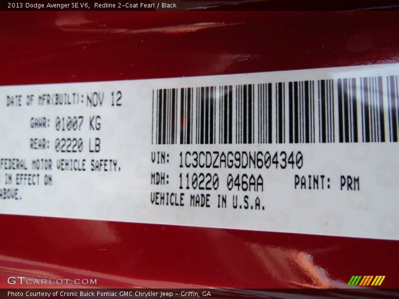 Redline 2-Coat Pearl / Black 2013 Dodge Avenger SE V6