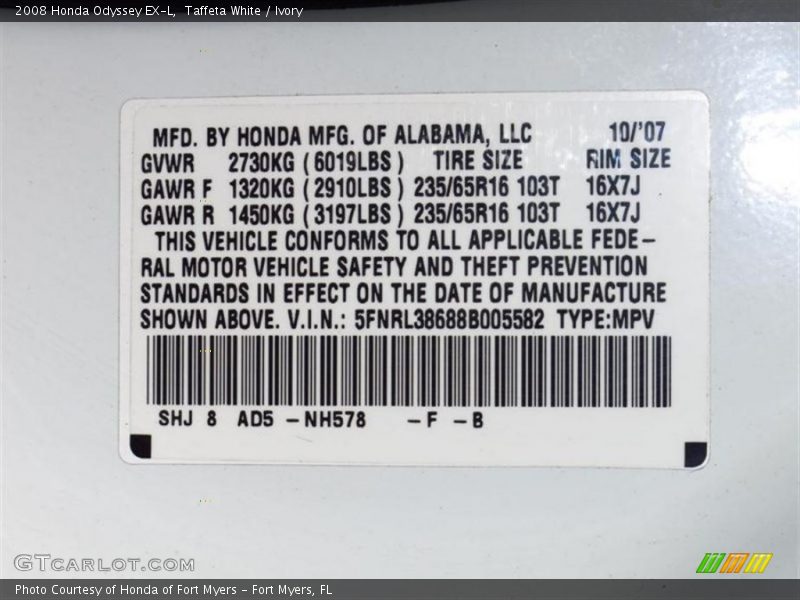 Taffeta White / Ivory 2008 Honda Odyssey EX-L