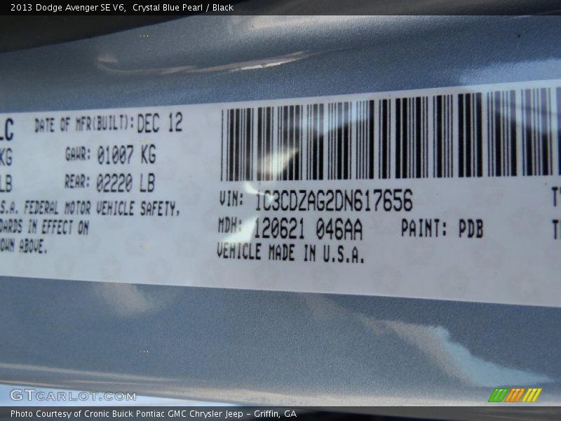 Crystal Blue Pearl / Black 2013 Dodge Avenger SE V6