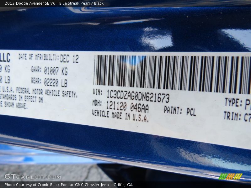 2013 Avenger SE V6 Blue Streak Pearl Color Code PCL