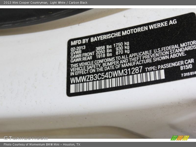 2013 Cooper Countryman Light White Color Code B15