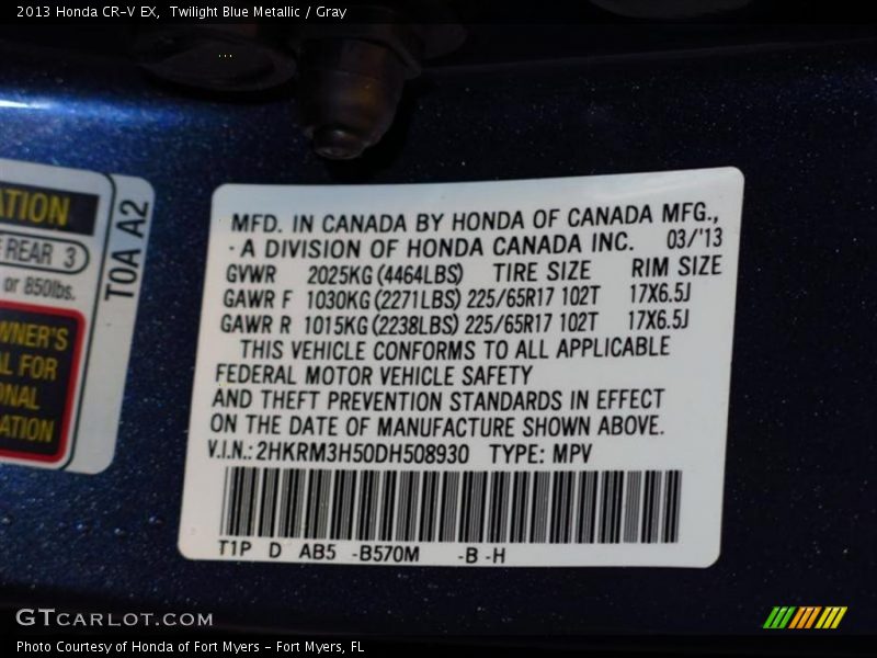 2013 CR-V EX Twilight Blue Metallic Color Code B570M