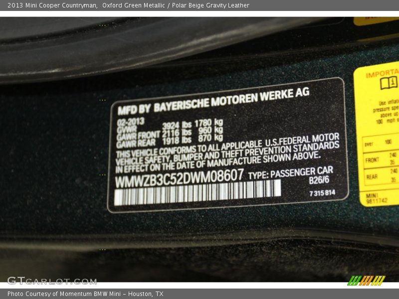 2013 Cooper Countryman Oxford Green Metallic Color Code B26