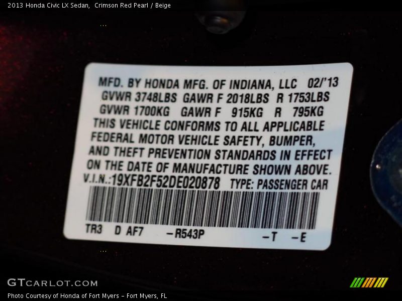 Crimson Red Pearl / Beige 2013 Honda Civic LX Sedan