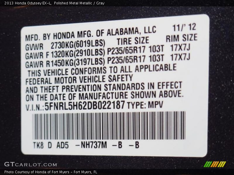 Polished Metal Metallic / Gray 2013 Honda Odyssey EX-L