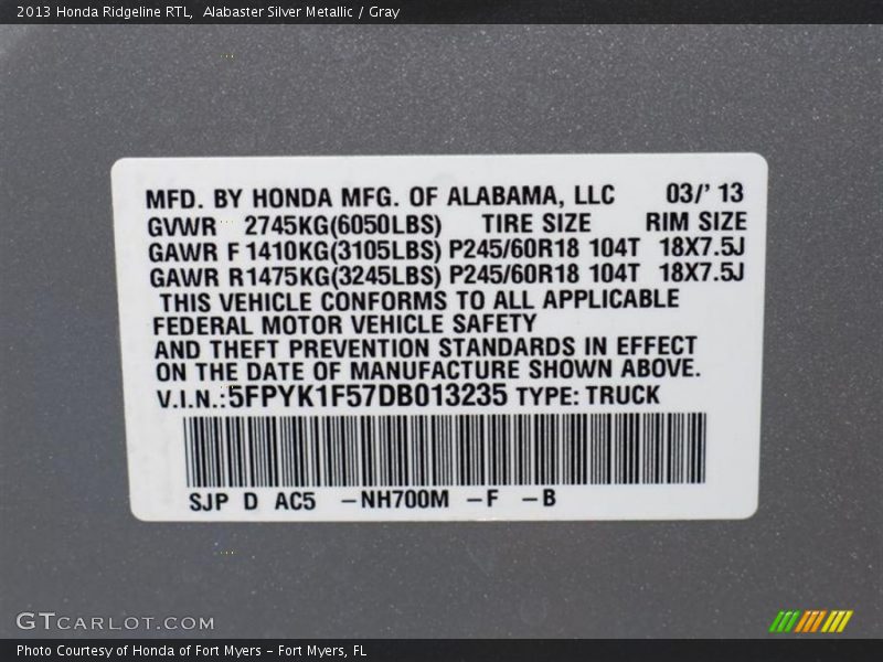 Alabaster Silver Metallic / Gray 2013 Honda Ridgeline RTL