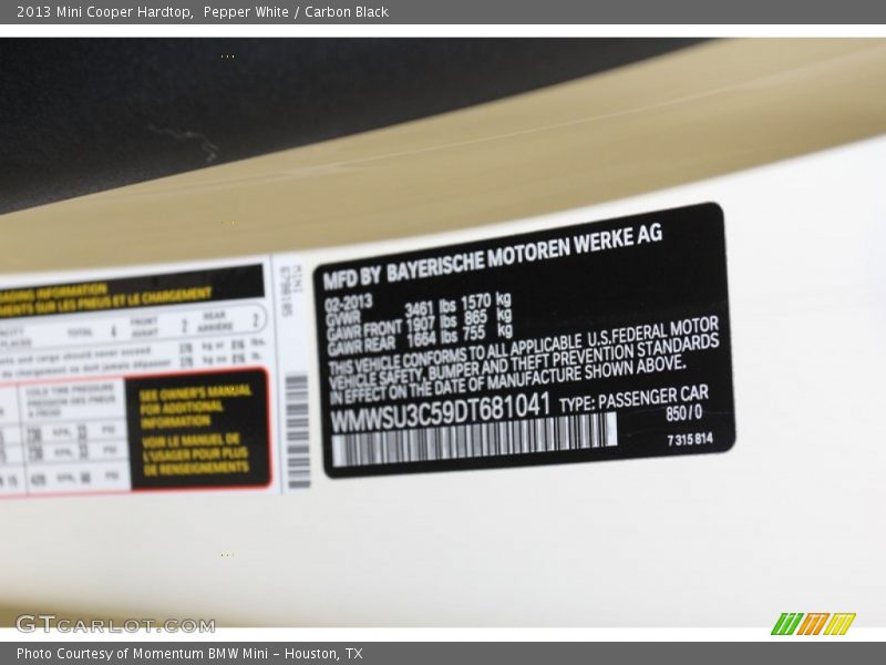 Pepper White / Carbon Black 2013 Mini Cooper Hardtop