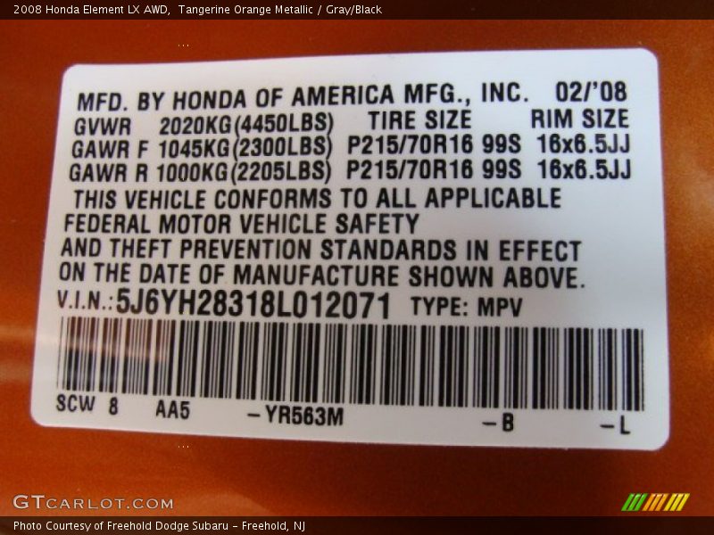 2008 Element LX AWD Tangerine Orange Metallic Color Code YR563M