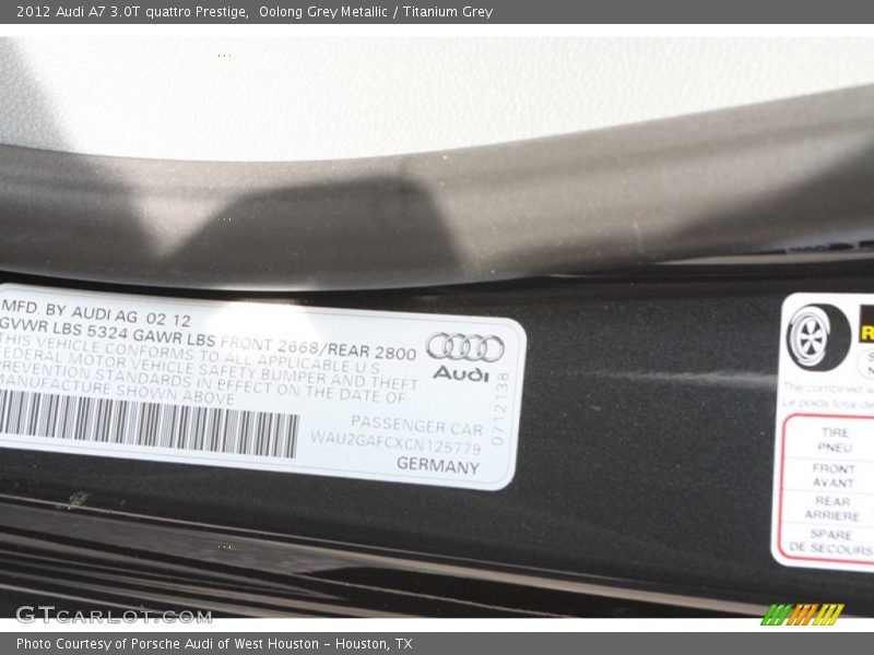 Oolong Grey Metallic / Titanium Grey 2012 Audi A7 3.0T quattro Prestige