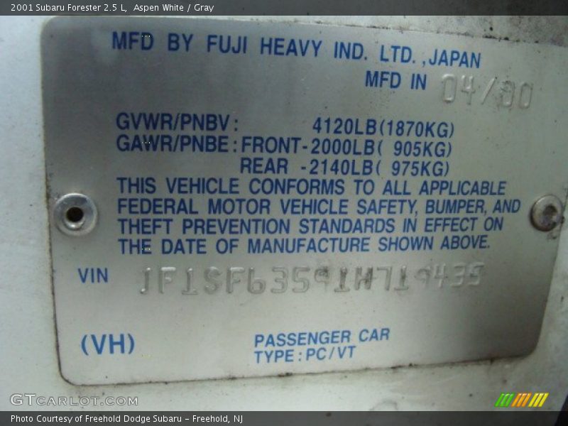 Info Tag of 2001 Forester 2.5 L