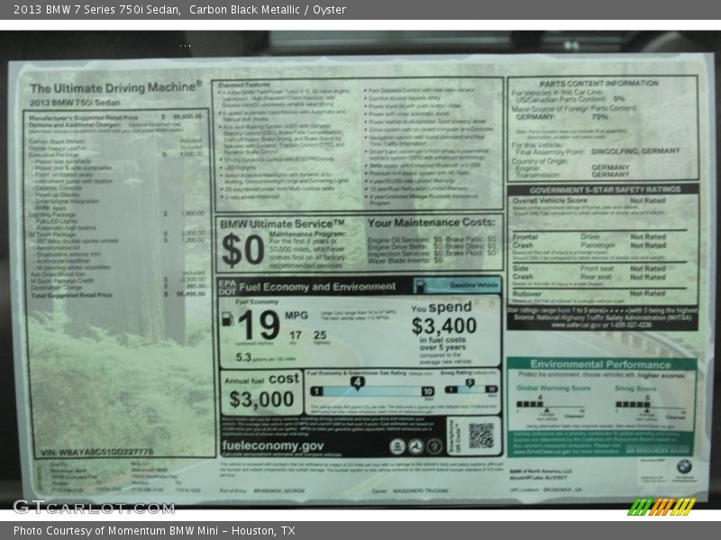 2013 7 Series 750i Sedan Window Sticker