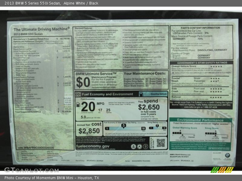  2013 5 Series 550i Sedan Window Sticker