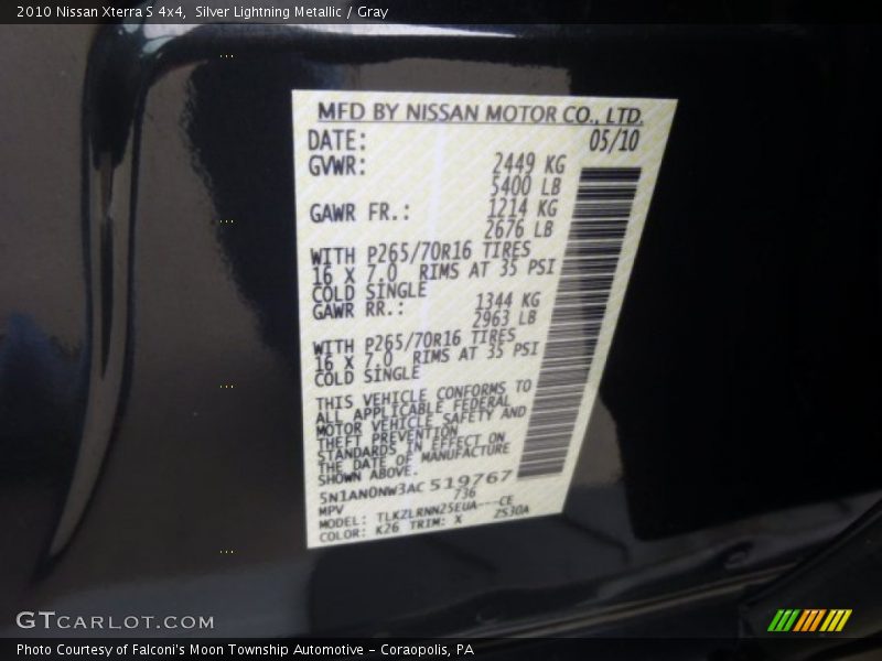 Silver Lightning Metallic / Gray 2010 Nissan Xterra S 4x4