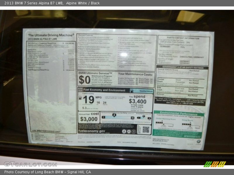  2013 7 Series Alpina B7 LWB Window Sticker
