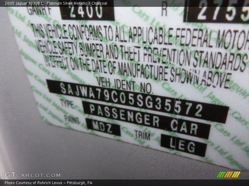 Platinum Silver Metallic / Charcoal 2005 Jaguar XJ XJ8 L