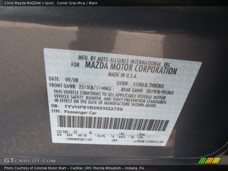 2009 MAZDA6 s Sport Comet Gray Mica Color Code 37D