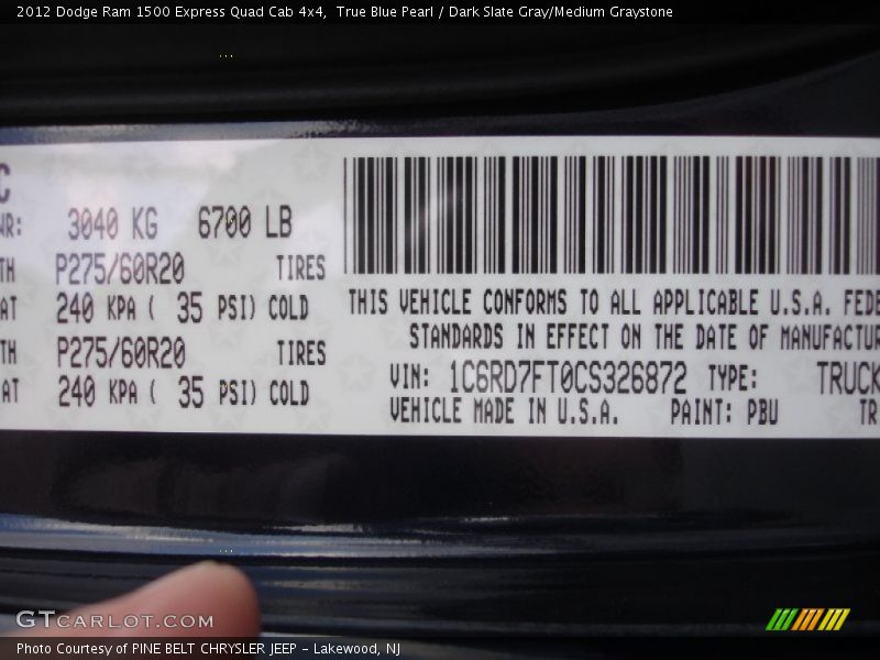 2012 Ram 1500 Express Quad Cab 4x4 True Blue Pearl Color Code PBU